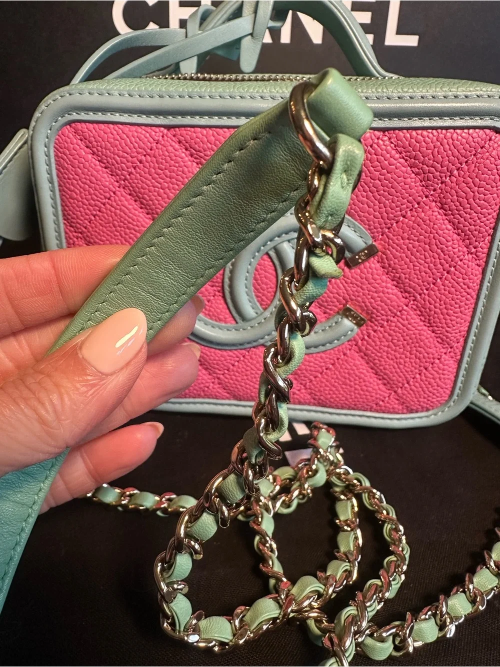 Chanel CC Filigree Small Vanity Case Pink Green Caviar Leather Crossbody